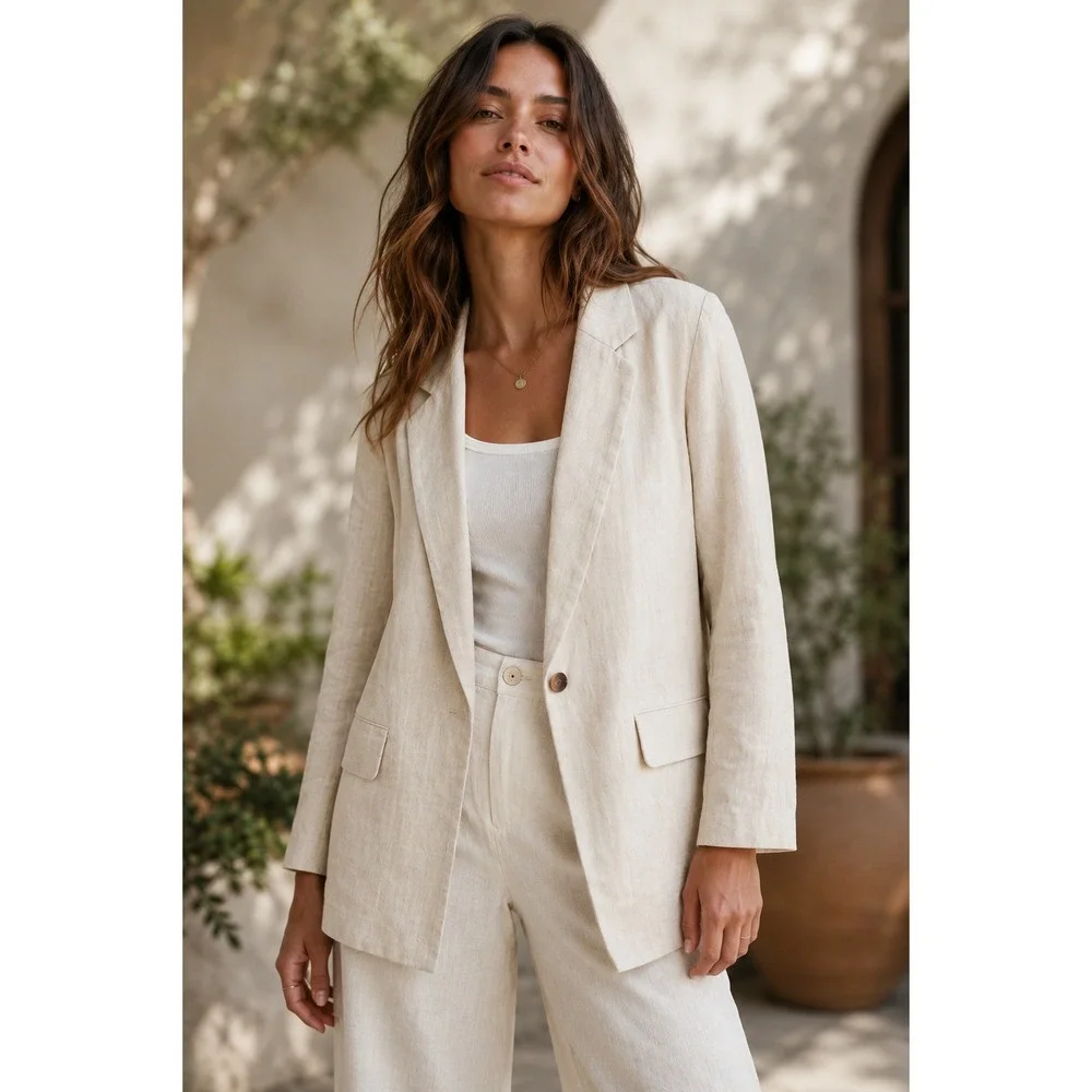 Quince Euro Summer Linen Blazer Quiet Luxury Oatmeal Effortless L Relaxed Fit - Picture 1 of 6
